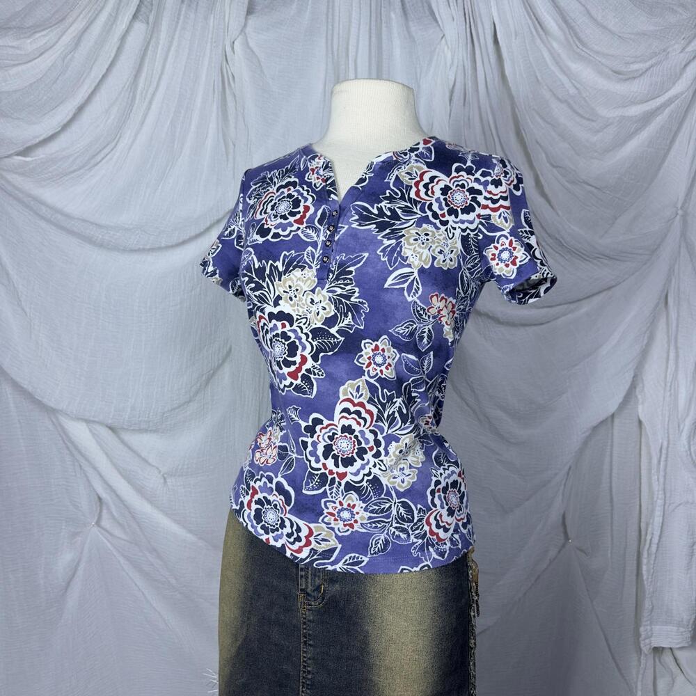Karen Scott Blue Floral Women's Short Sleeve T-Shirt (PM)